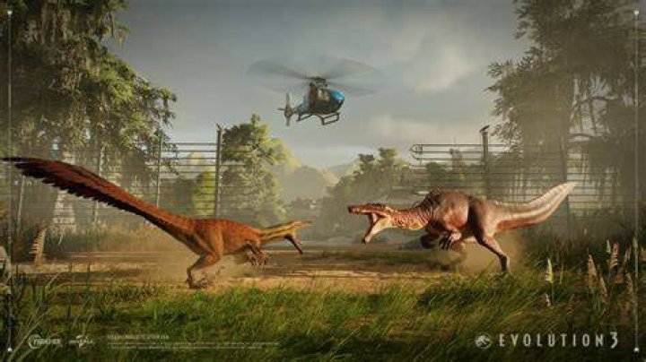 Jurassic World Evolution 2 The image is showing the front of the monorail carriage above enclosures at sunrise. 